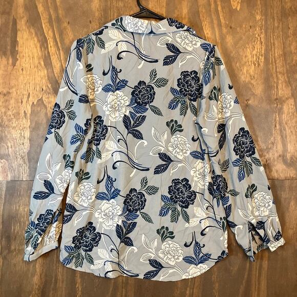 Banana Republic Womens Blouse Gray Blue Floral V Neck Collared Long Sleeve Small - Picture 9 of 11